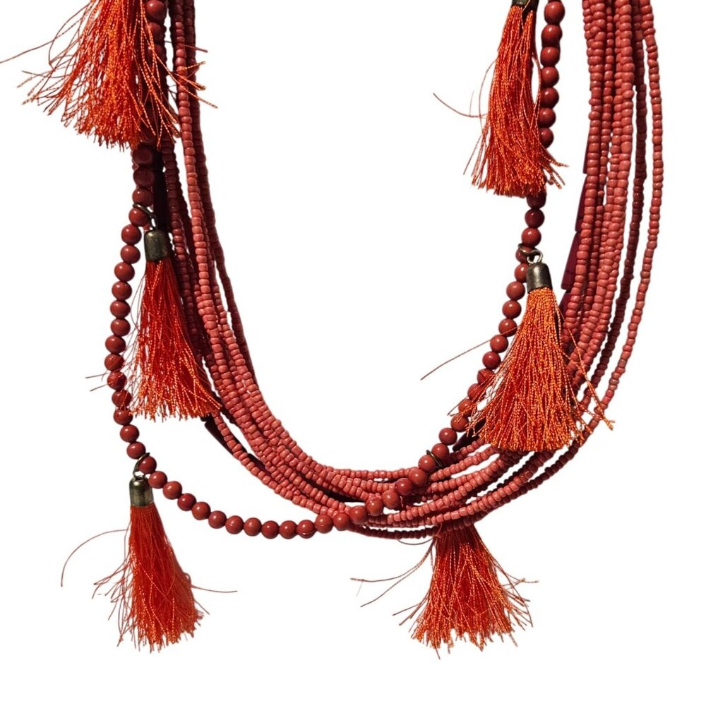 Boho Seed Beaded Chunky Necklace Multi Strand Layered Tassels Fashion Jewelry